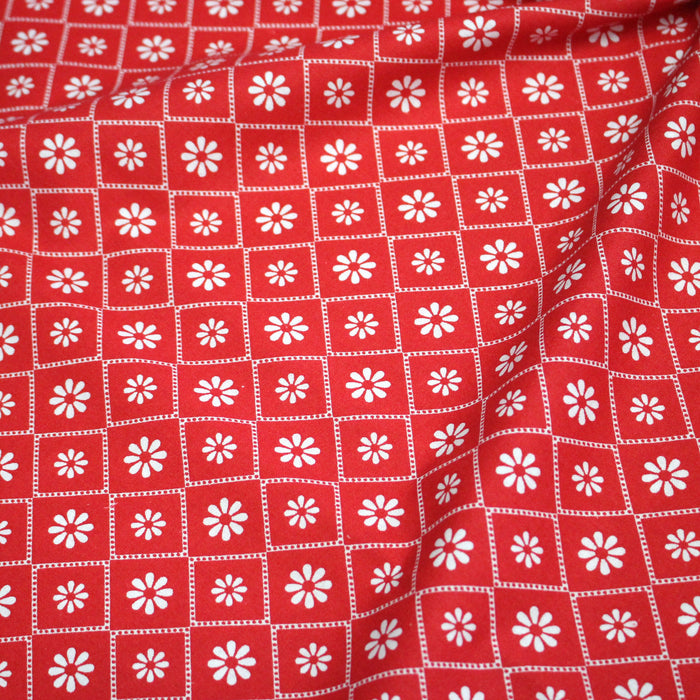 Tissu cotonnade rouge & blanc, liserés et fleurs géométriques - COLLECTION MESSINA