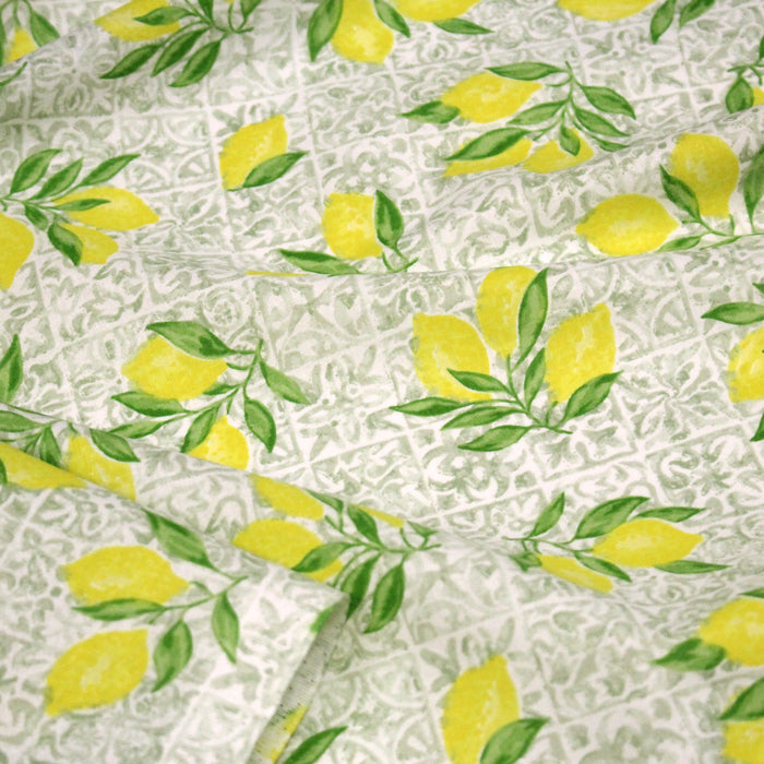 Tissu cotonnade Carreaux de faïence et citrons : tons verts ou bleus - COLLECTION SICILIA - OEKO-TEX STANDARD 100