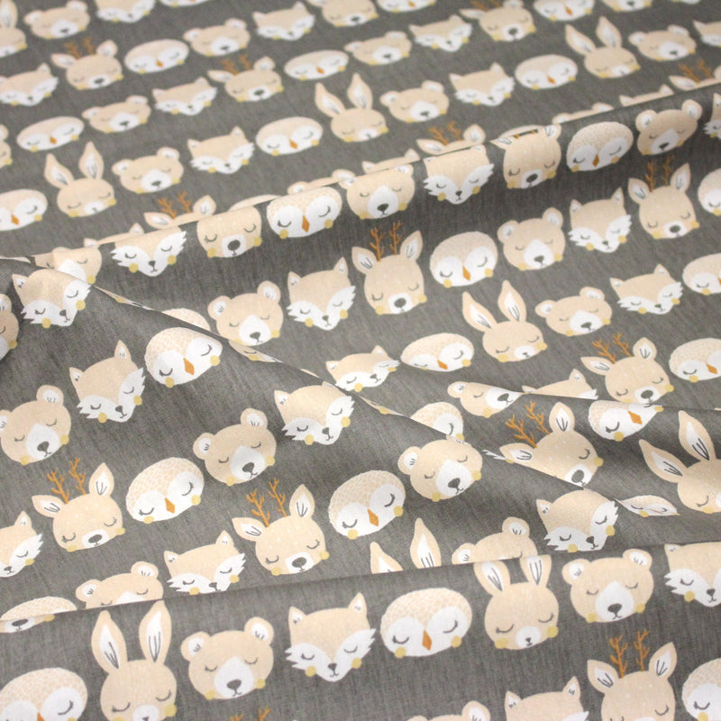 Tissu popeline coton KAWAI gris aux animaux crème - TissusPapi.com