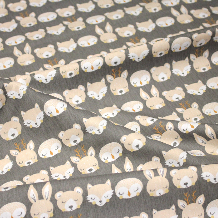 Tissu popeline coton KAWAI gris aux animaux crème - TissusPapi.com