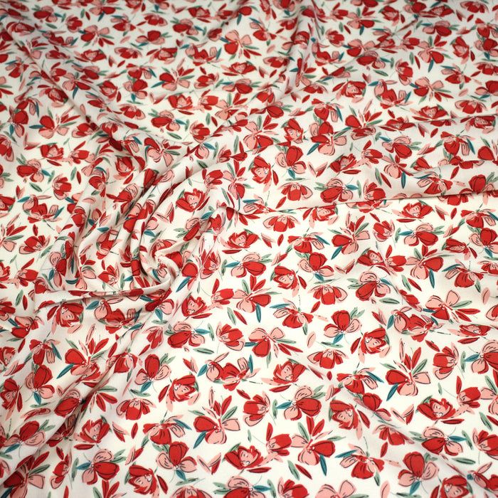 Tissu viscose fluide aux fines rouges roses, fond blanc - OEKO-TEX STANDARD 100