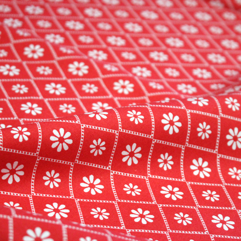 Tissu cotonnade rouge & blanc, liserés et fleurs géométriques - COLLECTION MESSINA - TissusPapi.com