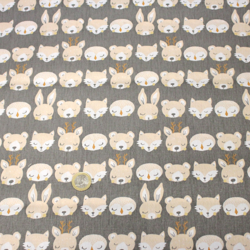 Tissu popeline coton KAWAI gris aux animaux crème - TissusPapi.com