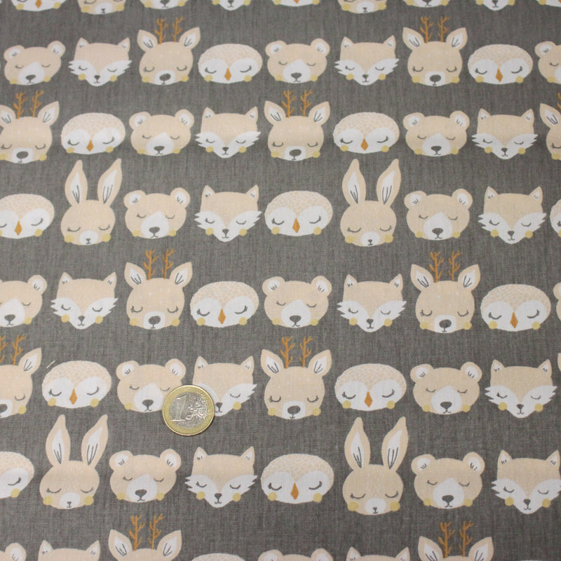 Tissu popeline coton KAWAI gris aux animaux crème - TissusPapi.com