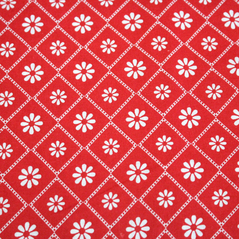 Tissu cotonnade rouge & blanc, liserés et fleurs géométriques - COLLECTION MESSINA - TissusPapi.com
