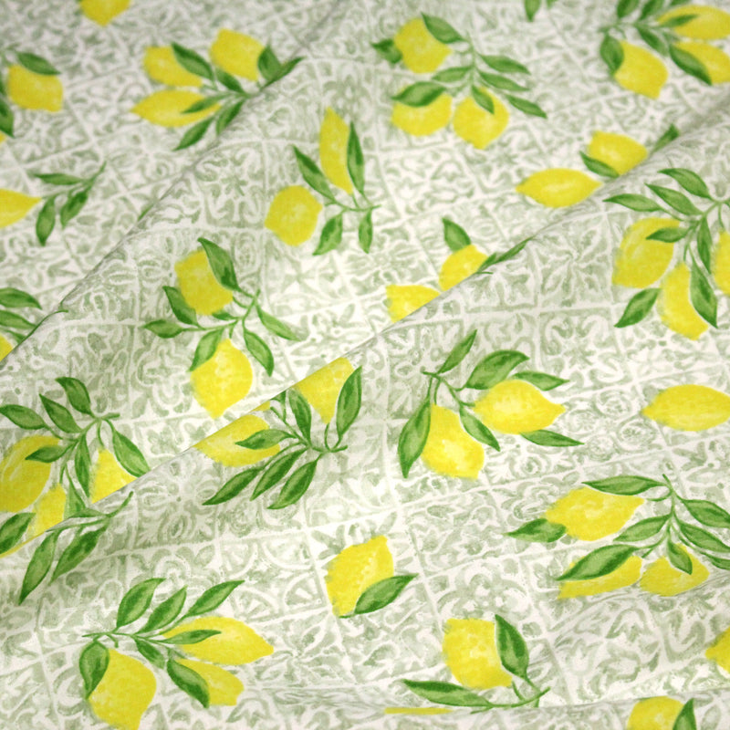 Tissu cotonnade Carreaux de faïence et citrons : tons verts ou bleus - COLLECTION SICILIA - OEKO - TEX STANDARD 100 - TissusPapi.com
