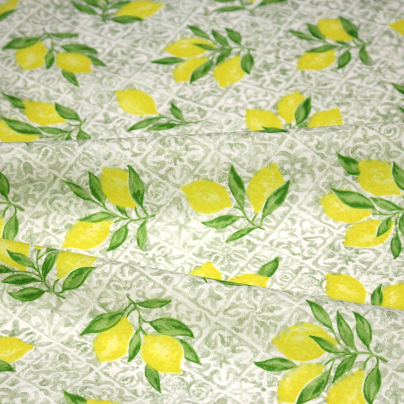Tissu cotonnade Carreaux de faïence et citrons : tons verts ou bleus - COLLECTION SICILIA - OEKO - TEX STANDARD 100 - TissusPapi.com