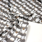 Tissu popeline coton KAWAI gris aux animaux bleu ciel - TissusPapi.com