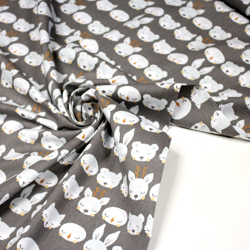 Tissu popeline coton KAWAI gris aux animaux bleu ciel - TissusPapi.com
