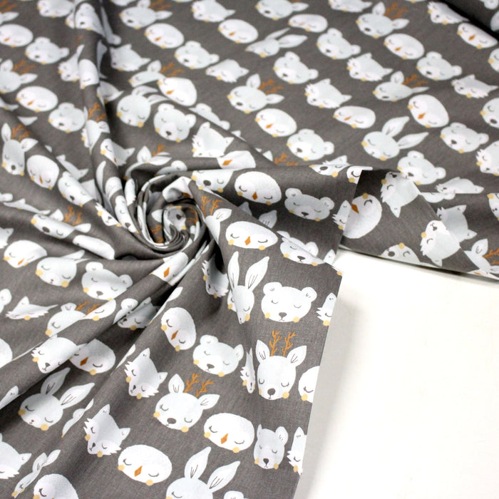 Tissu popeline coton KAWAI gris aux animaux bleu ciel - TissusPapi.com