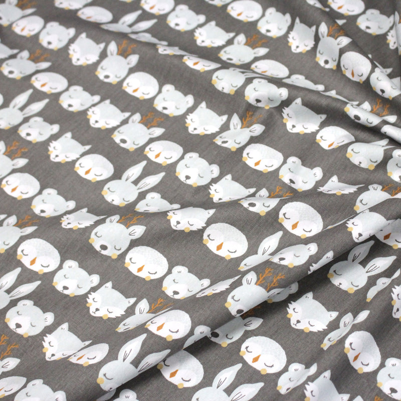 Tissu popeline coton KAWAI gris aux animaux bleu ciel - TissusPapi.com