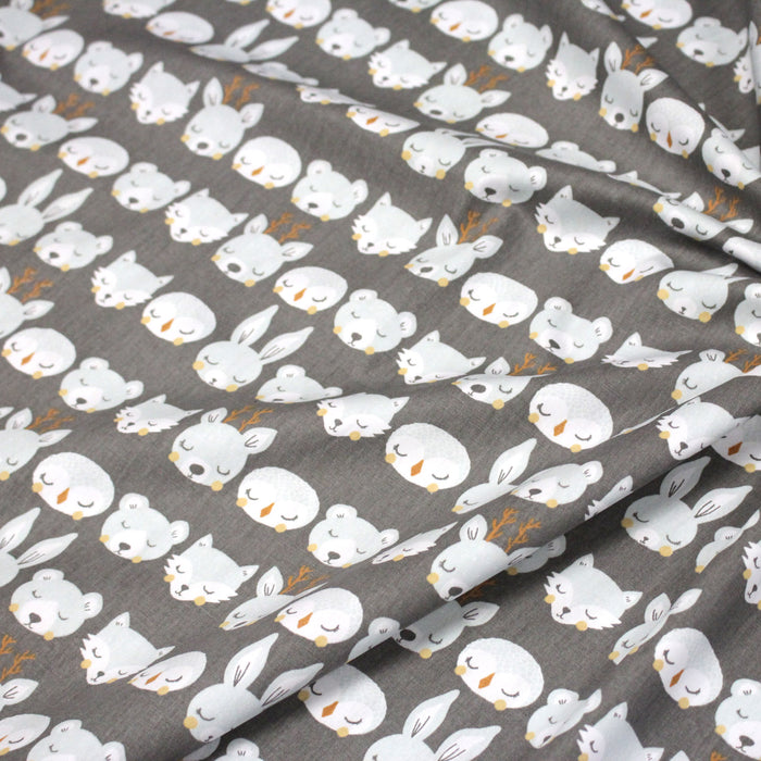 Tissu popeline coton KAWAI gris aux animaux bleu ciel - TissusPapi.com