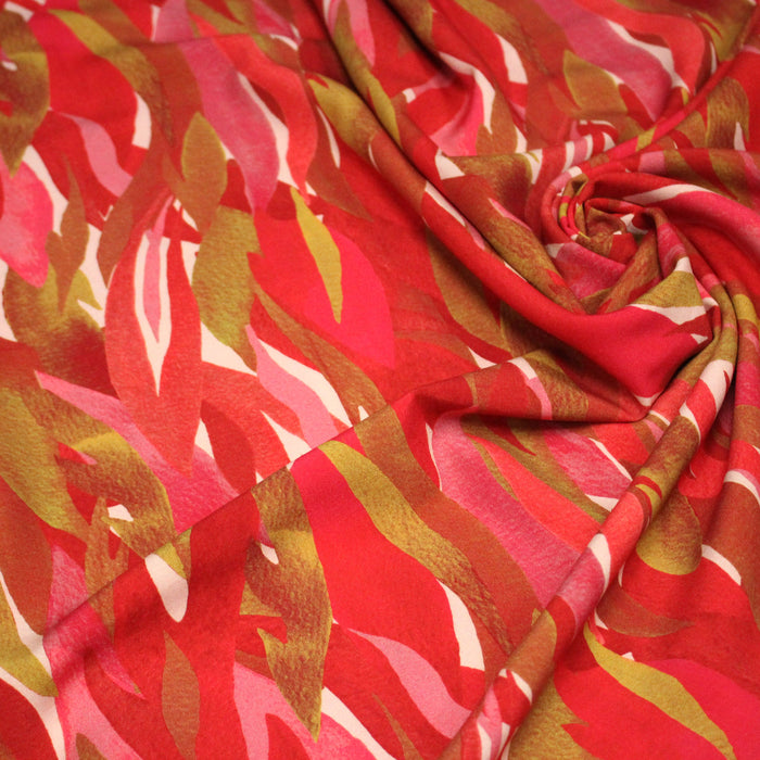 Tissu Viscose fluide KIYO, motif abstrait rose rouge et ocre - OEKO-TEX