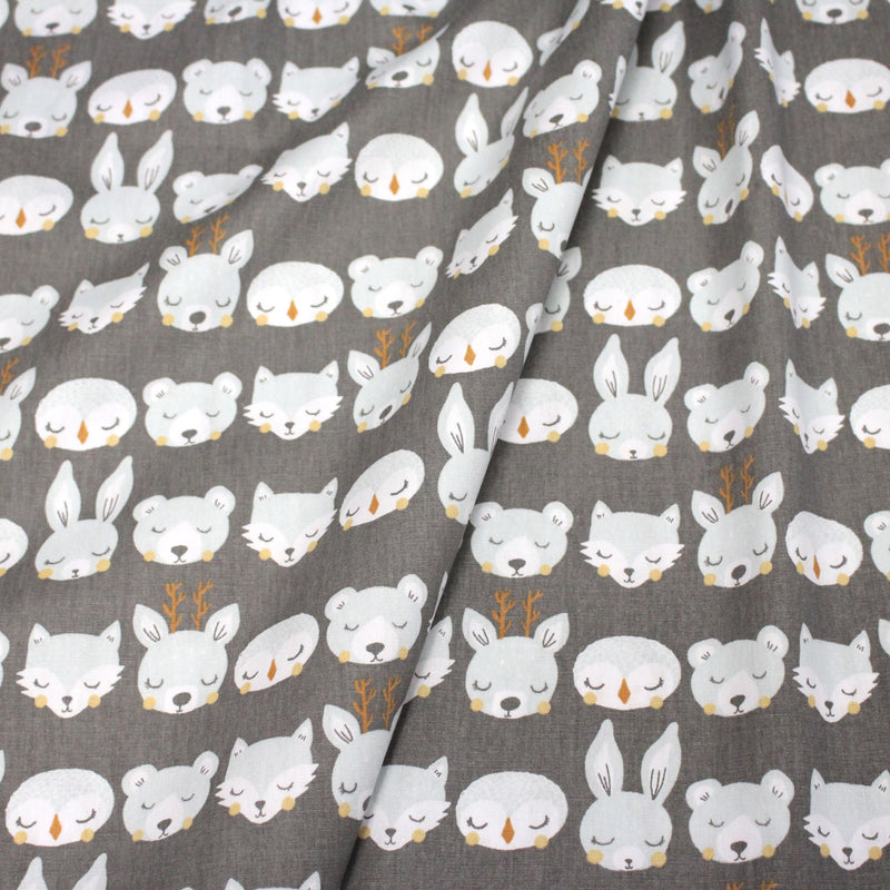 Tissu popeline coton KAWAI gris aux animaux bleu ciel - TissusPapi.com