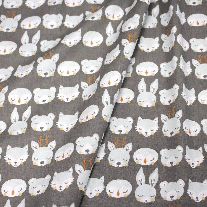 Tissu popeline coton KAWAI gris aux animaux bleu ciel - TissusPapi.com