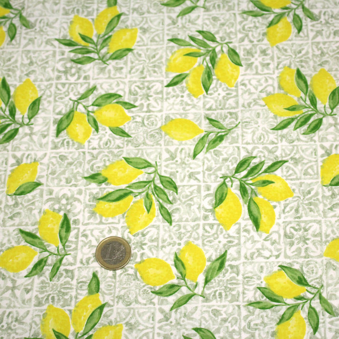 Tissu cotonnade Carreaux de faïence et citrons : tons verts ou bleus - COLLECTION SICILIA - OEKO-TEX STANDARD 100