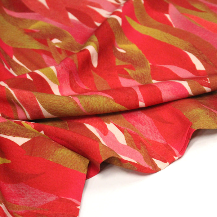 Tissu Viscose fluide KIYO, motif abstrait rose rouge et ocre - OEKO-TEX