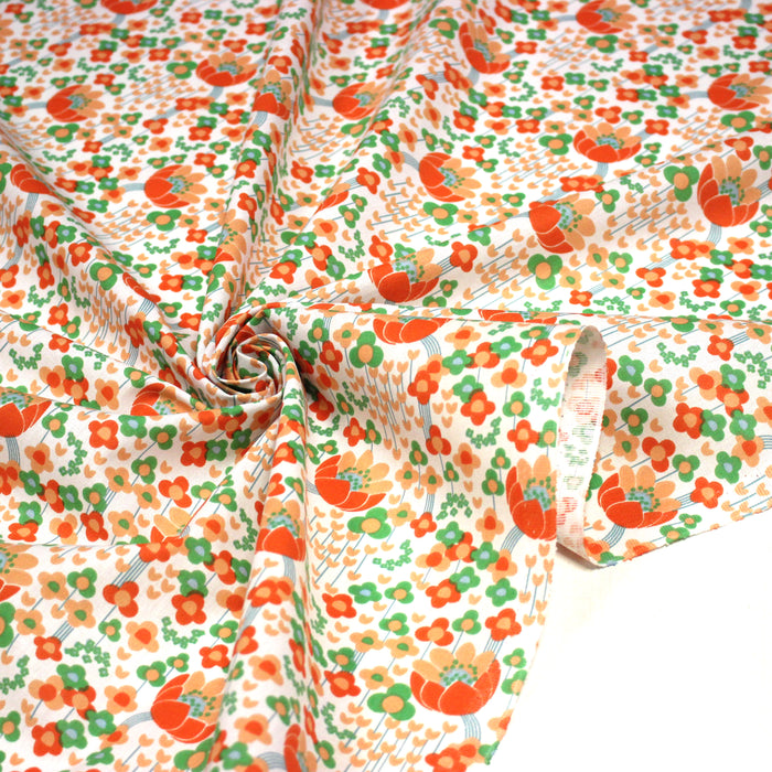 Tissu cotonnade Les fleurs SEVENTIES, blanc orange vert - OEKO-TEX STANDARD 100