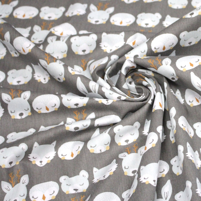 Tissu popeline coton KAWAI gris aux animaux bleu ciel - TissusPapi.com