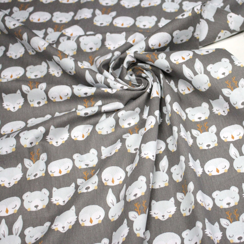 Tissu popeline coton KAWAI gris aux animaux bleu ciel - TissusPapi.com