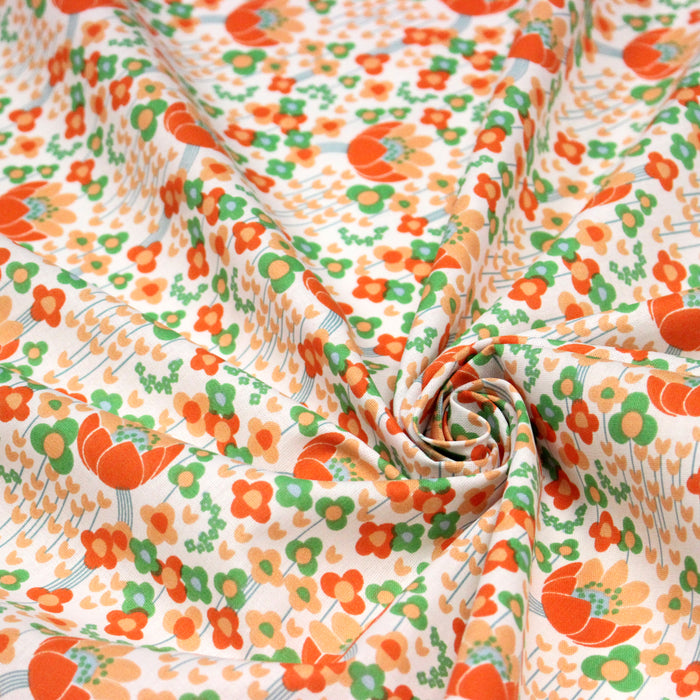 Tissu cotonnade Les fleurs SEVENTIES, blanc orange vert - OEKO-TEX STANDARD 100