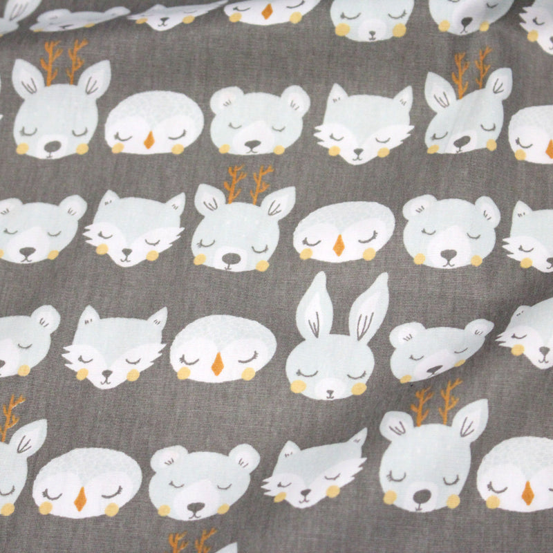 Tissu popeline coton KAWAI gris aux animaux bleu ciel - TissusPapi.com