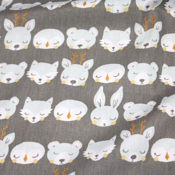 Tissu popeline coton KAWAI gris aux animaux bleu ciel - TissusPapi.com