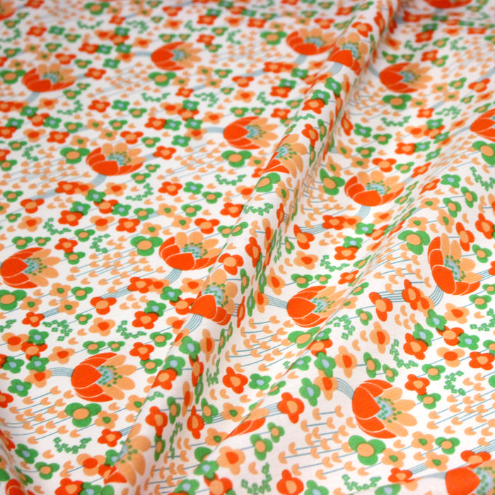 Tissu cotonnade Les fleurs SEVENTIES, blanc orange vert - OEKO-TEX STANDARD 100