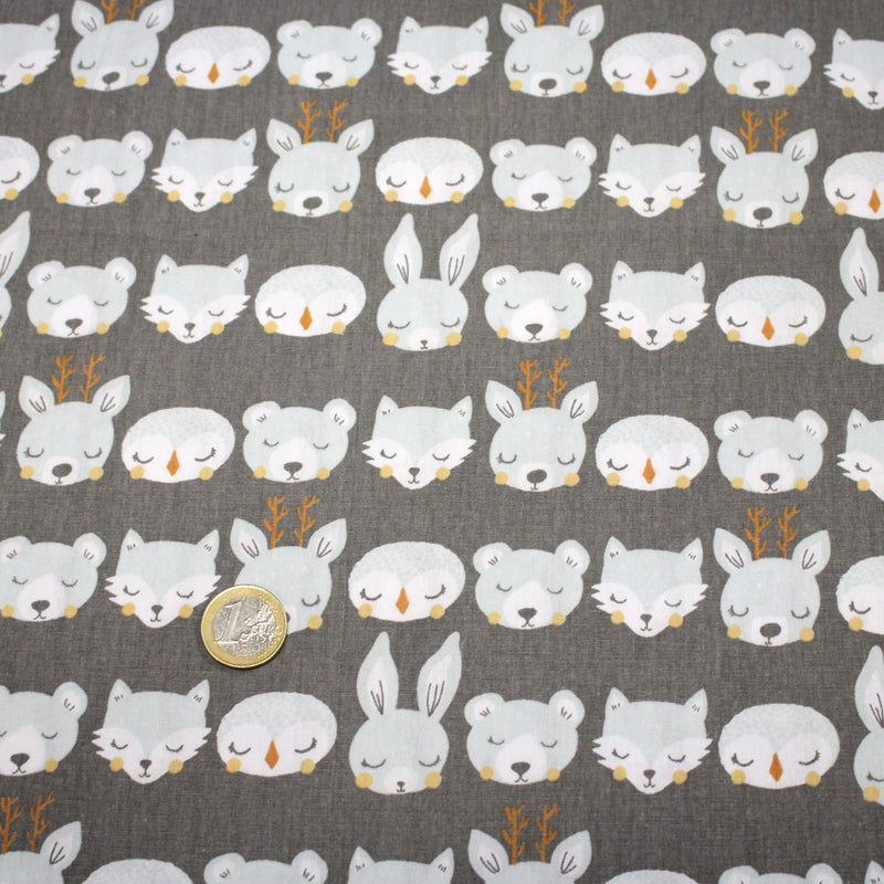 Tissu popeline coton KAWAI gris aux animaux bleu ciel - TissusPapi.com