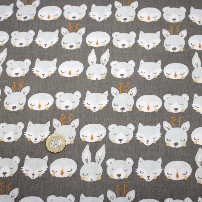 Tissu popeline coton KAWAI gris aux animaux bleu ciel - TissusPapi.com