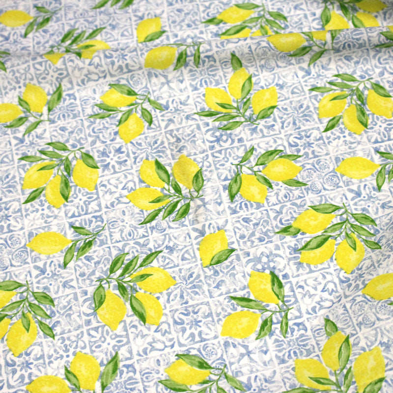 Tissu cotonnade Carreaux de faïence et citrons : tons verts ou bleus - COLLECTION SICILIA - OEKO - TEX STANDARD 100 - TissusPapi.com