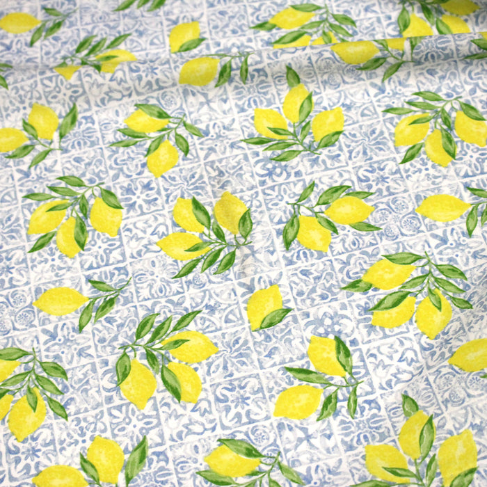Tissu cotonnade Carreaux de faïence et citrons : tons verts ou bleus - COLLECTION SICILIA - OEKO-TEX STANDARD 100