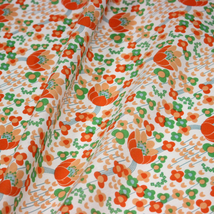 Tissu cotonnade Les fleurs SEVENTIES, blanc orange vert - OEKO-TEX STANDARD 100