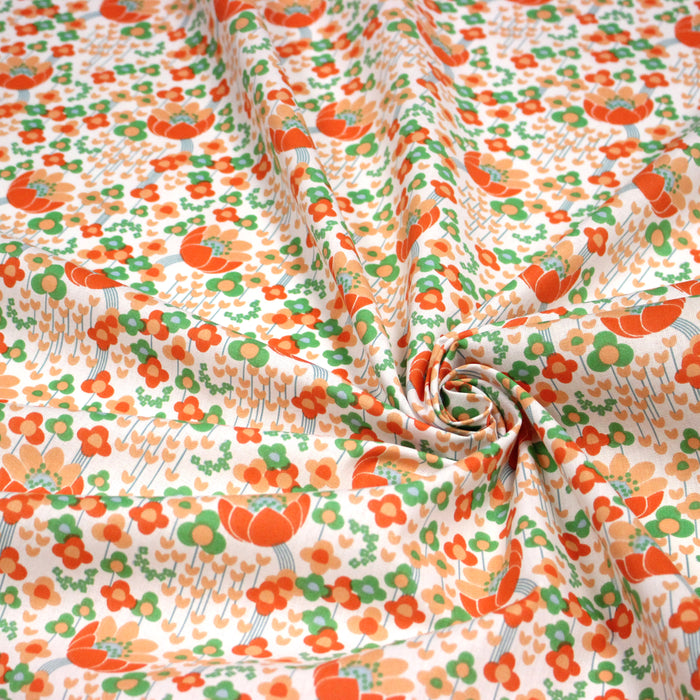 Tissu cotonnade Les fleurs SEVENTIES, blanc orange vert - OEKO-TEX STANDARD 100