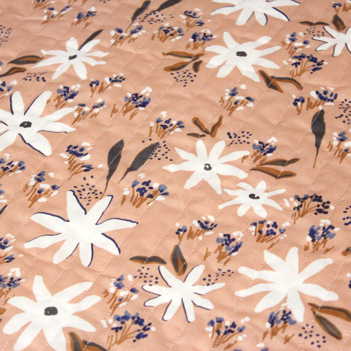 Tissu Matelassé coton vieux rose aux fleurs blanches, bleues et ocres, verso aux fleurs ocres et roses - OEKO-TEX®