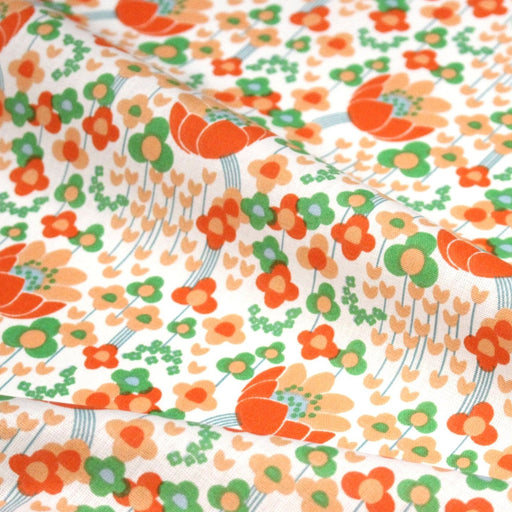 Tissu cotonnade Les fleurs SEVENTIES, blanc orange vert - OEKO - TEX STANDARD 100 - TissusPapi.com