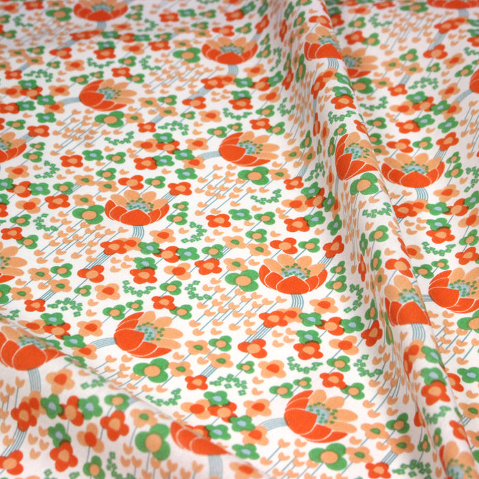 Tissu cotonnade Les fleurs SEVENTIES, blanc orange vert - OEKO-TEX STANDARD 100