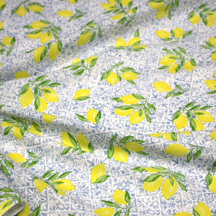 Tissu cotonnade Carreaux de faïence et citrons : tons verts ou bleus - COLLECTION SICILIA - OEKO-TEX STANDARD 100