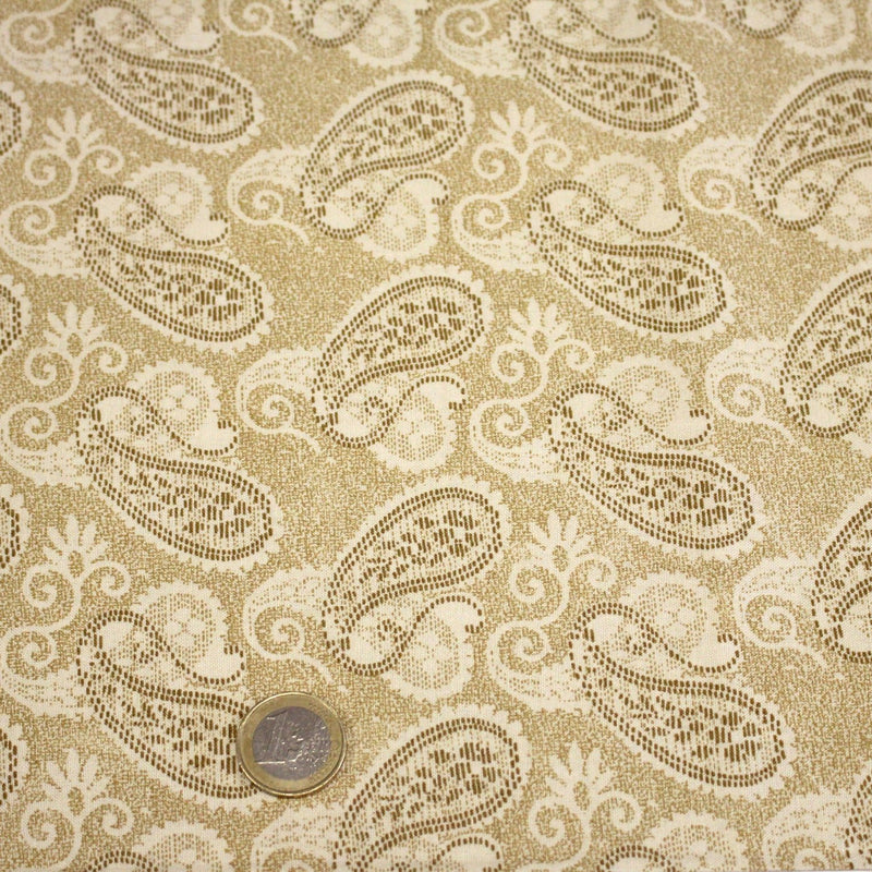 Tissu cotonnade faux - uni sable, motif cachemire - TissusPapi.com