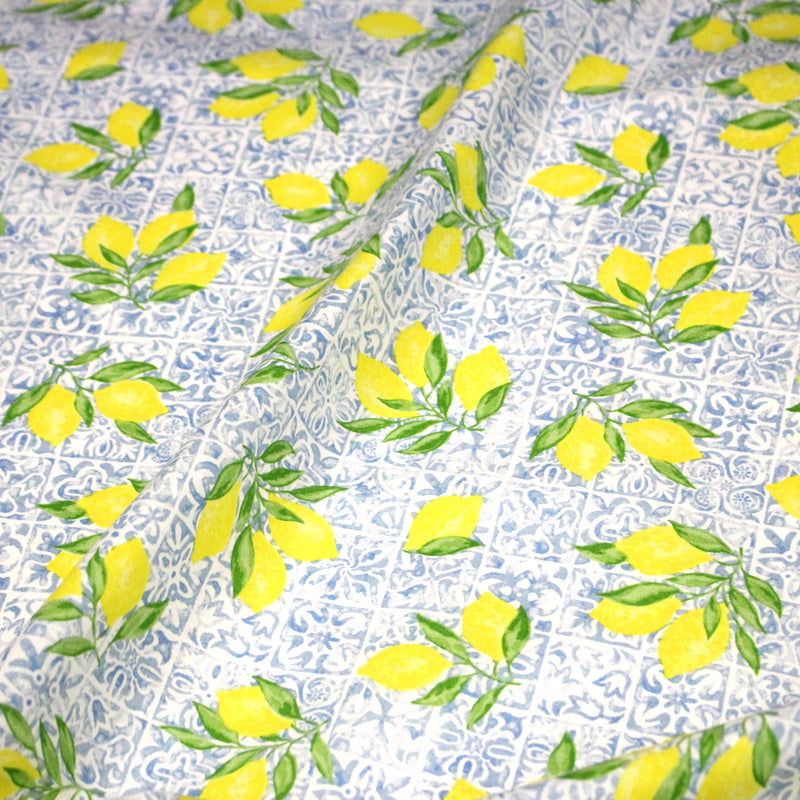Tissu cotonnade Carreaux de faïence et citrons : tons verts ou bleus - COLLECTION SICILIA - OEKO - TEX STANDARD 100 - TissusPapi.com