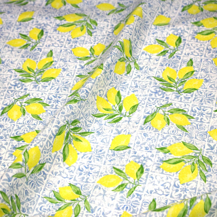 Tissu cotonnade Carreaux de faïence et citrons : tons verts ou bleus - COLLECTION SICILIA - OEKO-TEX STANDARD 100