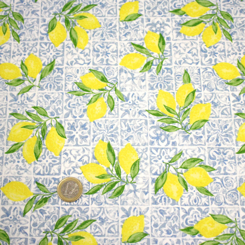 Tissu cotonnade Carreaux de faïence et citrons : tons verts ou bleus - COLLECTION SICILIA - OEKO - TEX STANDARD 100 - TissusPapi.com