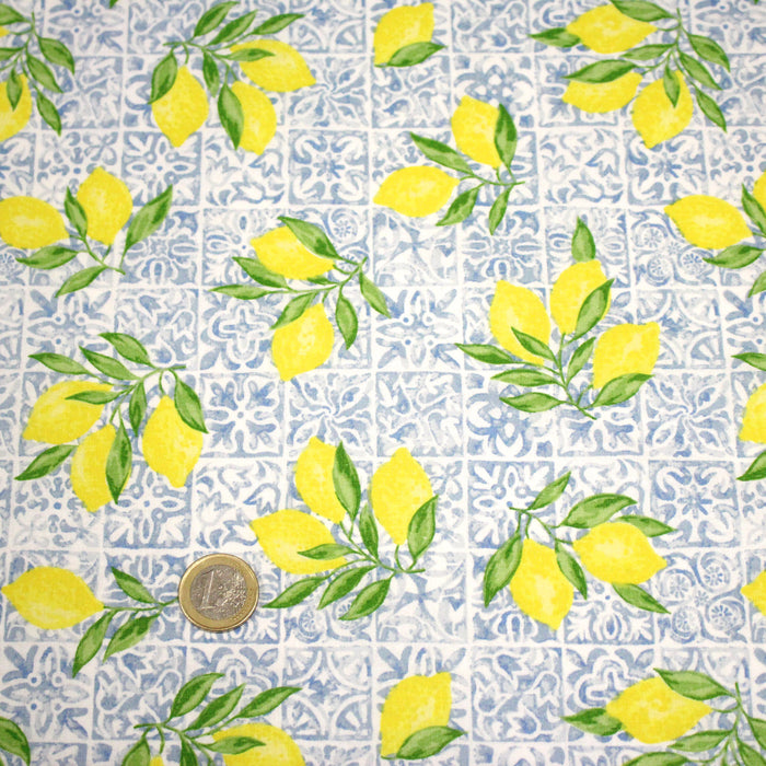 Tissu cotonnade Carreaux de faïence et citrons : tons verts ou bleus - COLLECTION SICILIA - OEKO-TEX STANDARD 100