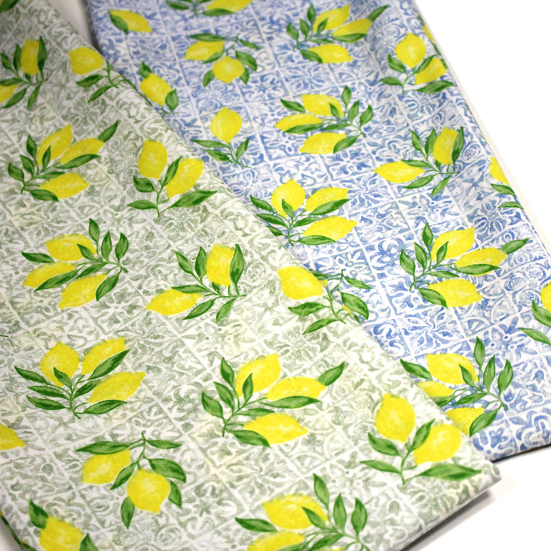Tissu cotonnade Carreaux de faïence et citrons : tons verts ou bleus - COLLECTION SICILIA - OEKO - TEX STANDARD 100 - TissusPapi.com