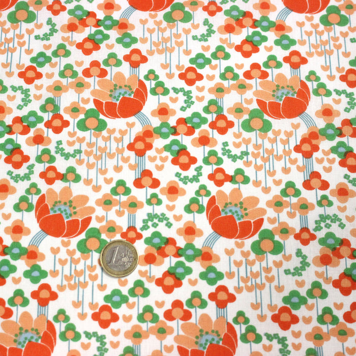 Tissu cotonnade Les fleurs SEVENTIES, blanc orange vert - OEKO-TEX STANDARD 100
