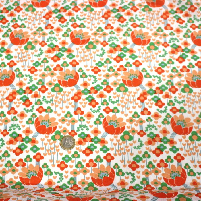Tissu cotonnade Les fleurs SEVENTIES, blanc orange vert - OEKO-TEX STANDARD 100