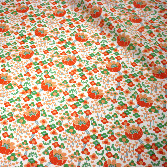 Tissu cotonnade Les fleurs SEVENTIES, blanc orange vert - OEKO-TEX STANDARD 100