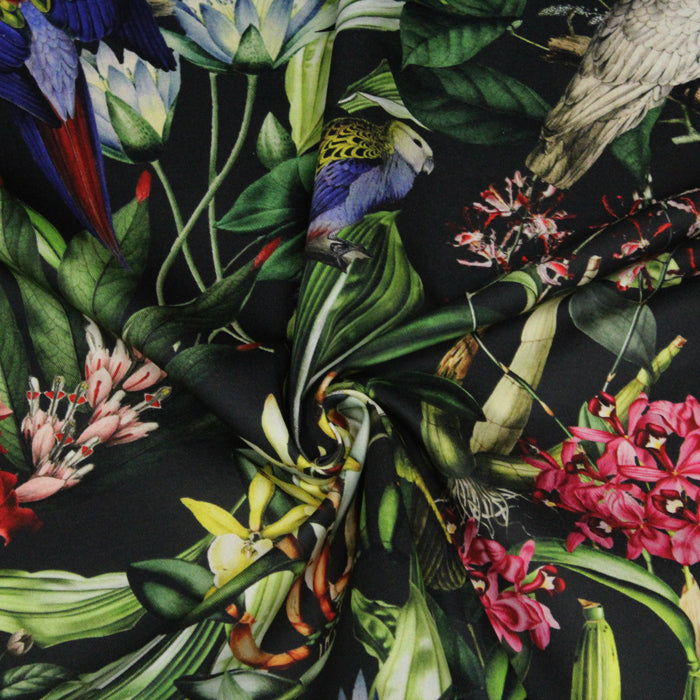 Tissu gabardine de coton LUXE imprimée motif de forêt tropical luxuriante aux perroquets et oiseaux, fond noir