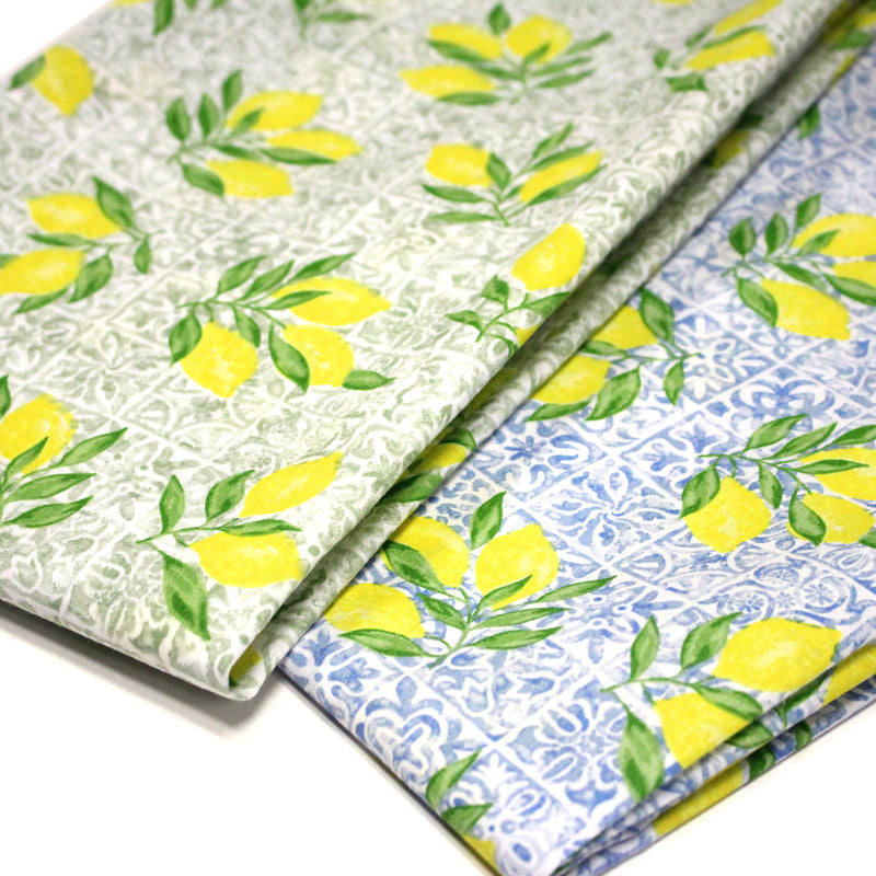 Tissu cotonnade Carreaux de faïence et citrons : tons verts ou bleus - COLLECTION SICILIA - OEKO - TEX STANDARD 100 - TissusPapi.com