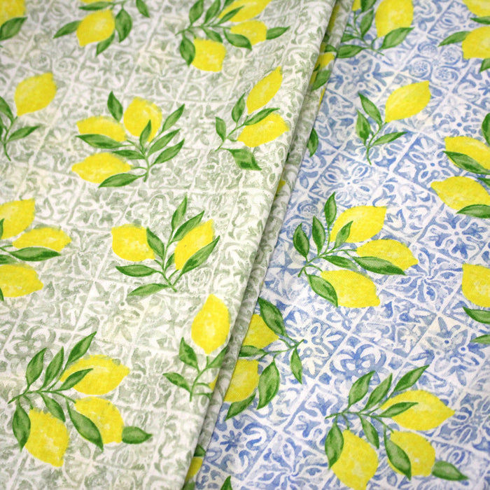 Tissu cotonnade Carreaux de faïence et citrons : tons verts ou bleus - COLLECTION SICILIA - OEKO-TEX STANDARD 100